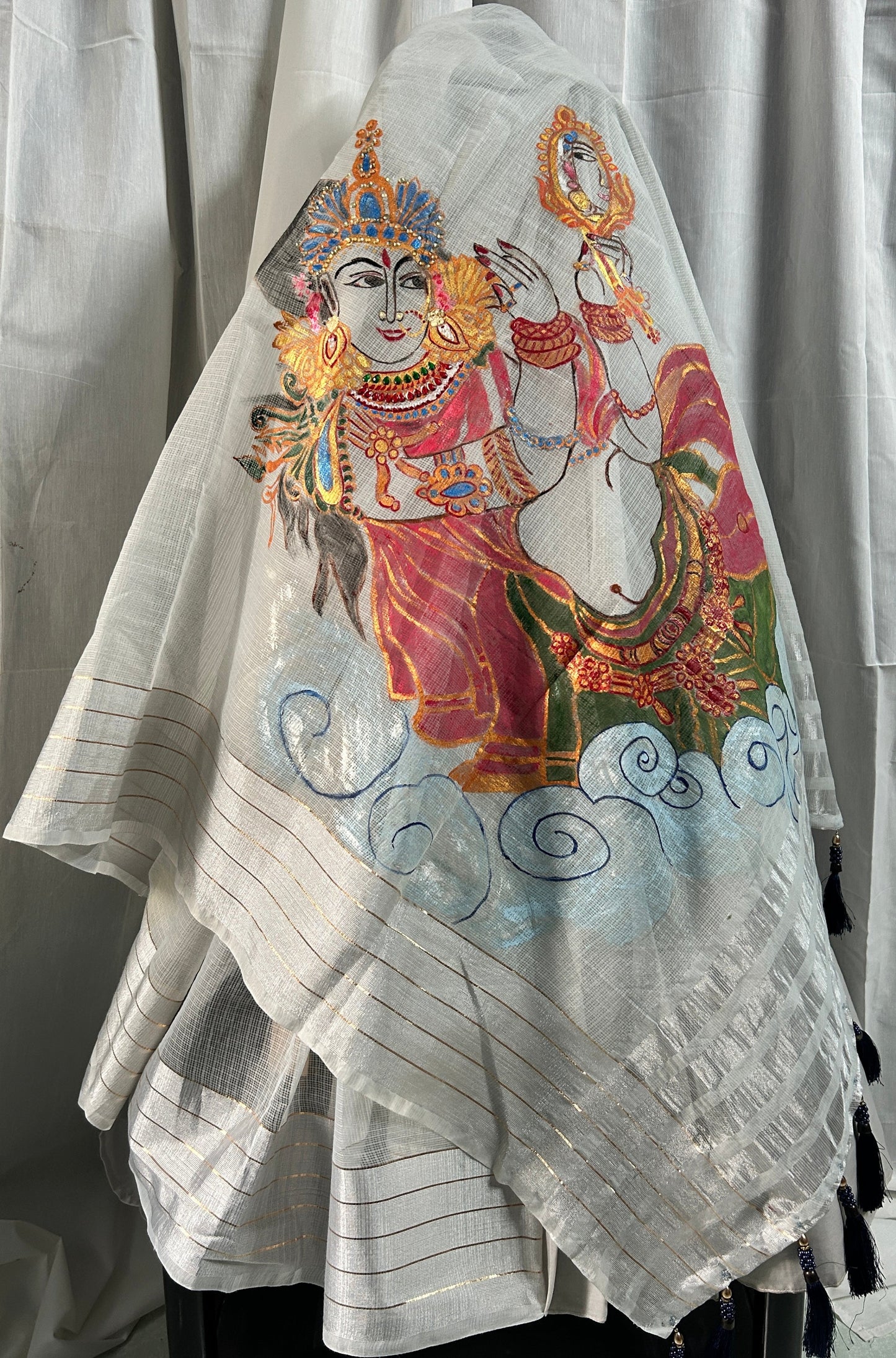 Hand painted White Sarees With Krishna Design