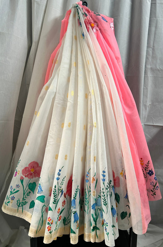 Hand Painted White And Pink Sarees With Flower Design