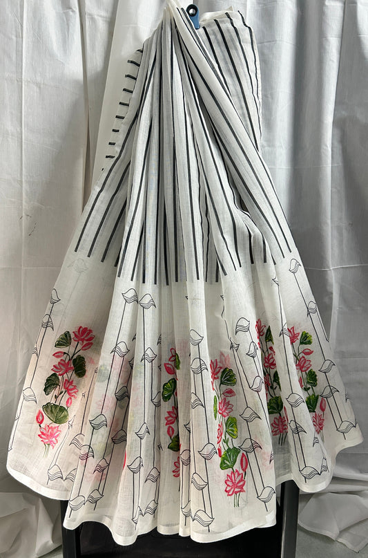Hand painted White Sarees With Flower Design