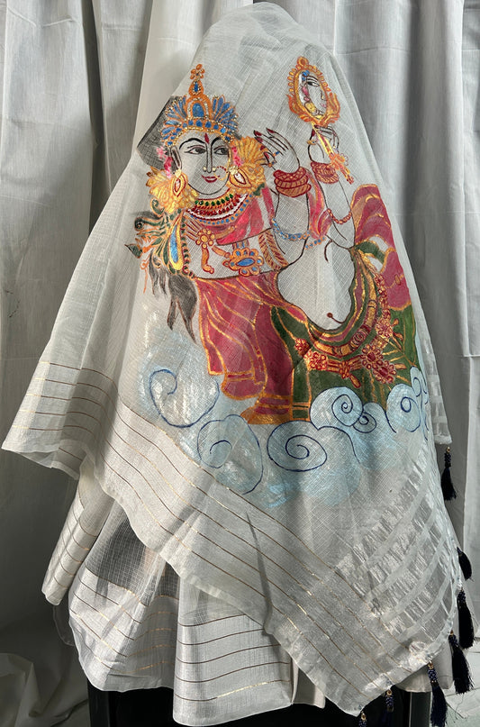 Hand painted White Sarees With Krishna Design
