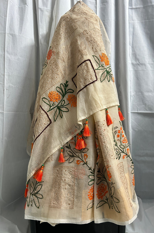 Kota Doria sarees with hand painted embroidery tassel work