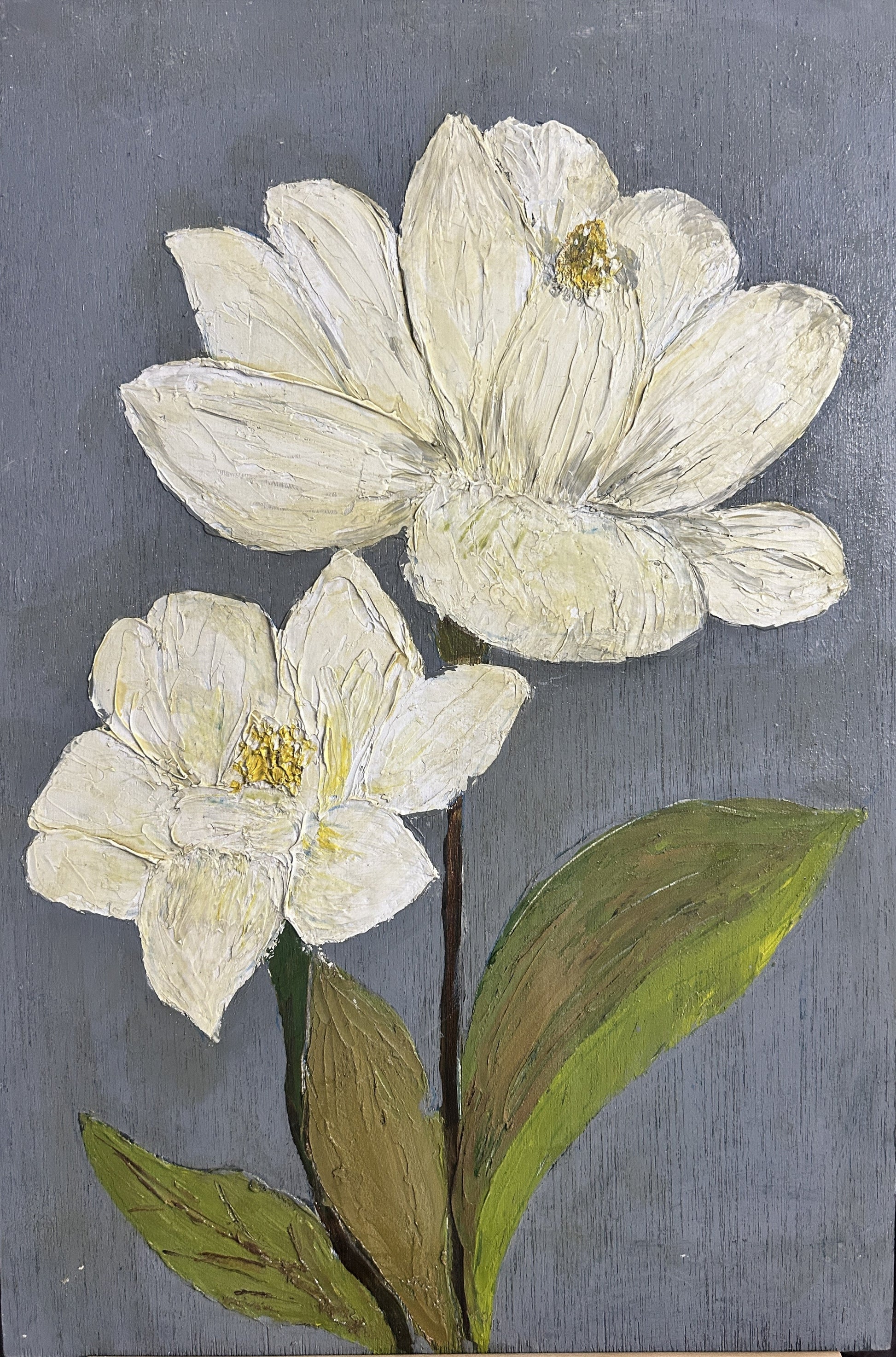 Painting of two white flowers with green leaves on a gray background, Palette Knife Floral Painting