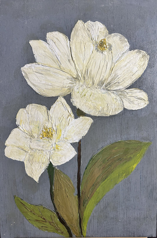 Painting of two white flowers with green leaves on a gray background, Palette Knife Floral Painting